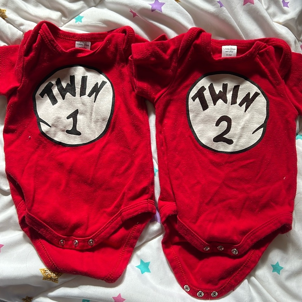 Twin 1 & 2 red onesies